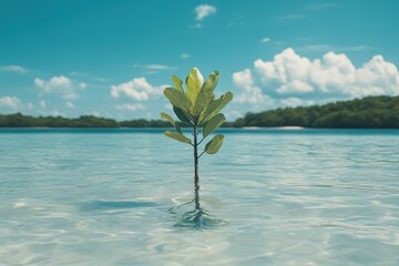 Obraz premium Small mangrove sapling in shallow, clear water. Ideal for environmental, growth, or tropical themes.