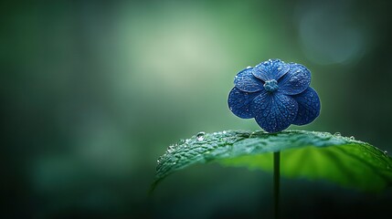   Blue flower on green leaf with water droplets