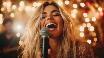 An expressive woman with flowing hair joyfully sings into a microphone, surrounded by festive lights creating a warm and inviting atmosphere at an event.