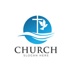 Christian Cross Church logo design vector illustration. cross logo with leaves around it