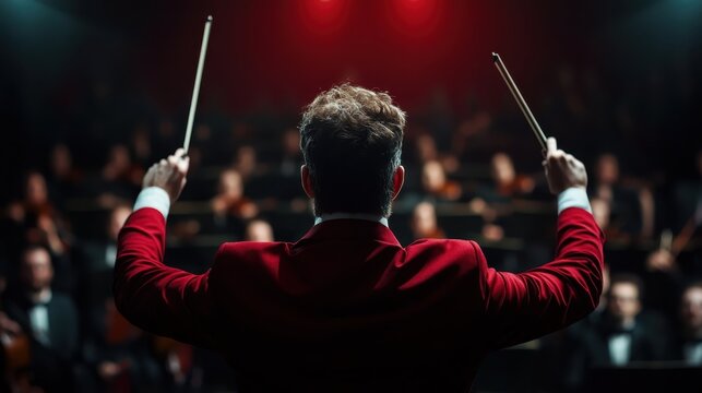 A conductor in a vibrant red jacket is seen passionately leading an orchestra, symbolizing intense emotion and harmony, creating a scene of musical brilliance.