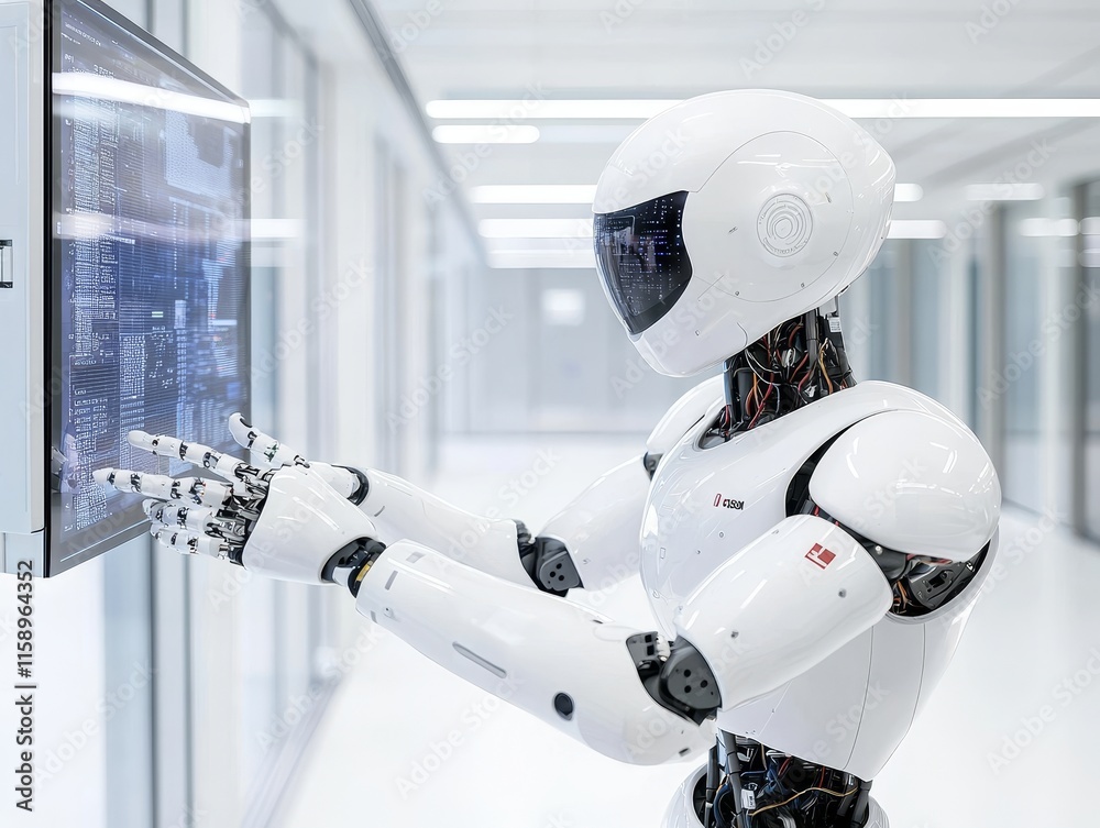 Poster a man utilizes ai tools and smart robot technology, blending science with stock technology to drive 