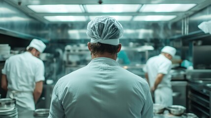 Fototapeta premium Three cooks work diligently in a sleek, modern kitchen setting with stainless steel surfaces, focusing on meal preparation in a professional culinary environment.