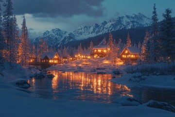 Snowy cabins glow warmly by a river, nestled in a snow-covered mountain valley. Perfect for winter holidays, travel, and cozy home themes; evokes peace and serenity.