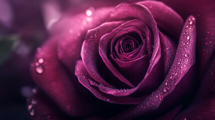 Close-up view of a dark purple rose with droplets highlighting its velvety petals against a blurred background