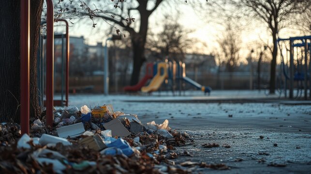 Waste Dumped in Schoolyard at Sunrise