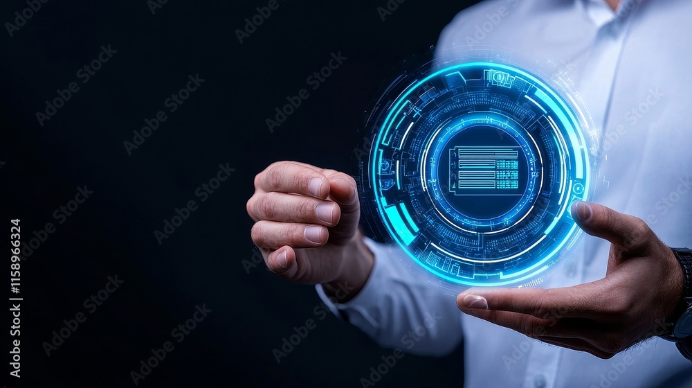 Poster engage in conversation with ai stock technology. a businessman connects to a network to interact wit