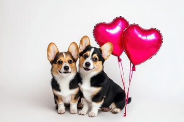 Valentine corgi dog sitting beside pink heart balloon on a white background
