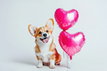 Valentine’s Day corgi puppy dog posing next to a vibrant pink heart-shaped balloons against a clean white background, perfect 