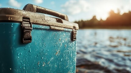 A turquoise cooler glistens with water droplets against the serene backdrop of a lake under a clear sky, suggesting freshness, adventure, and summertime joy.