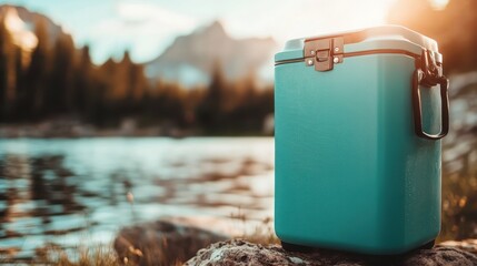 A sturdy teal cooler with a black latch rests on a rock near a serene mountain lake, bathed in the golden glow of a late afternoon sun, signifying adventure and freedom.