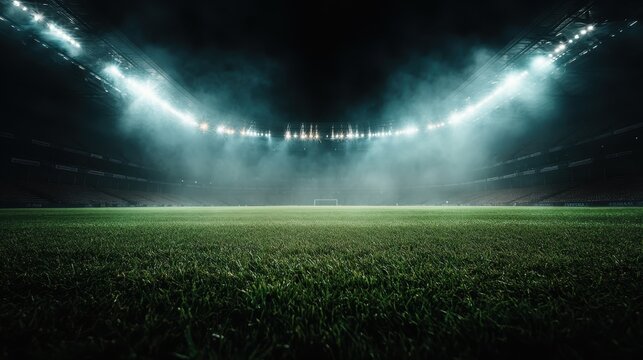 A comprehensive view of a football stadium, showing the ambient lighting creating a mystical misty atmosphere, with the field prepared for an epic night game.