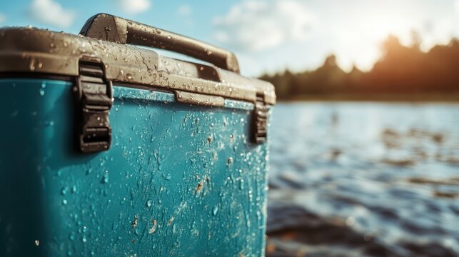 A turquoise cooler glistens with water droplets against the serene backdrop of a lake under a clear sky, suggesting freshness, adventure, and summertime joy.