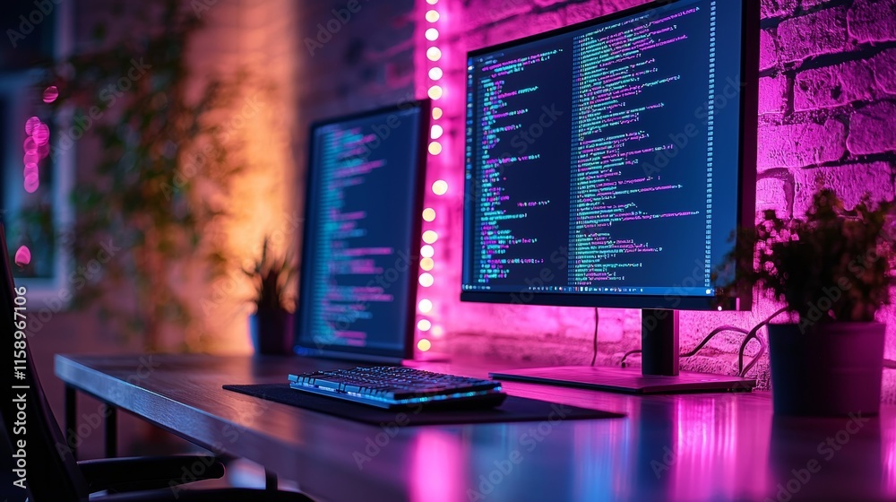 Poster a modern programmer's workspace illuminated by neon lights, featuring multiple monitors with code, s