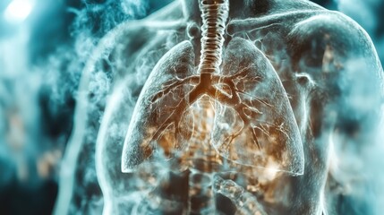 An intricate medical illustration showing human lungs filled with smoke, highlighting the delicate network of bronchi and alveoli, symbolizing respiratory health risks.