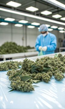 Worker in a facility handling cannabis plants, emphasizing cultivation and processing, with copy space