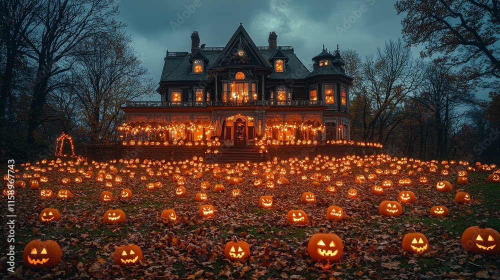 Wall mural A Halloween house exquisitely adorned with illuminating pumpkins and festive lights