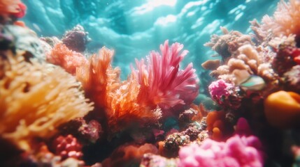 Colorful corals burst with hues of pink and orange beneath ocean waters, creating a vibrant underwater landscape that exemplifies the beauty of marine life.