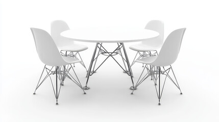 Fototapeta premium White 3D table and chairs isolated on background. Vector realistic illustration of plastic and metal furniture mockup for trade fair booth, office conference room, restaurant interior, home kitchen
