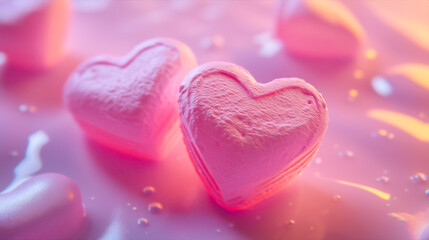 Fototapeta premium Pink heart shaped candy arranged in close-up that highlights its soft texture and delicate colors.