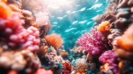 Obraz premium An array of colorful corals thrives beneath sunlit waters, showcasing the vibrant diversity and enchanting beauty of marine ecosystems in their natural habitat.