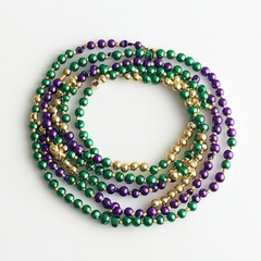 Colorful Beaded Necklaces Featuring Purple, Green, and Gold Beads Perfect for Celebrations and Festive Occasions, Ideal for Carnival, Parades, or Decorations