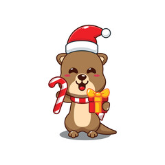 Cute otter holding christmas candy and gift.