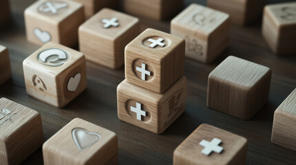 Fototapeta premium Creative wooden blocks with health symbols arranged on table, showcasing playful and educational theme. blocks feature various designs, including hearts and medical crosses, promoting wellness