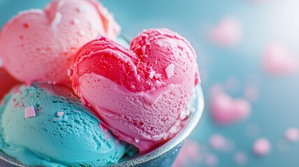 Image of colorful heart shaped ice creams, with pink and blue tones, on a soft and blurred background.