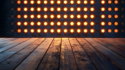 A wooden floor illuminated by a backdrop of bright, warm lights, creating an inviting atmosphere ideal for performances or events.