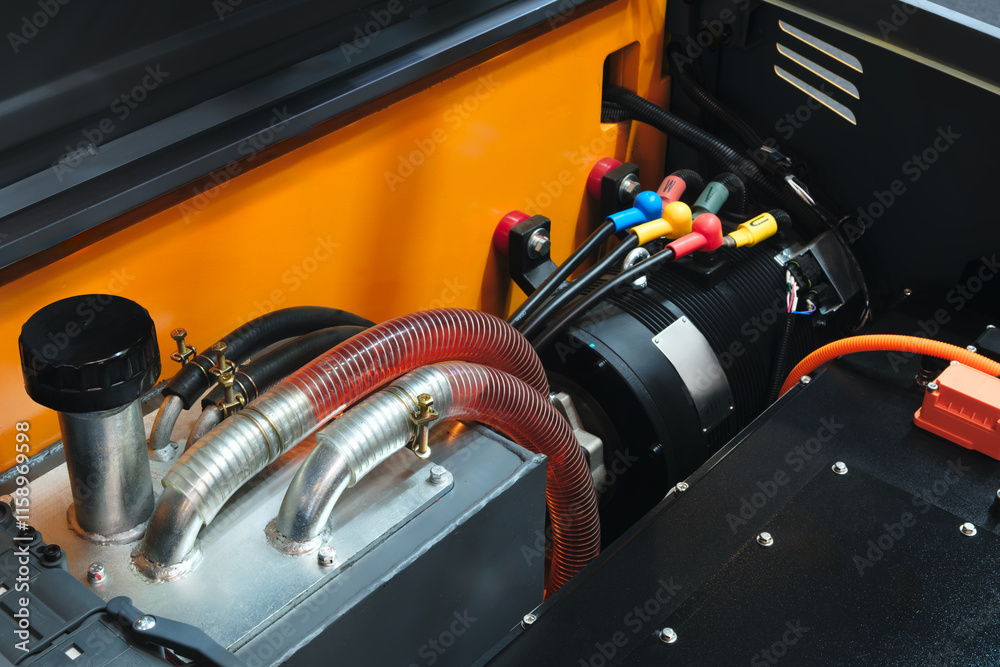 Poster The engine of a vehicle is open and the wires are visible. The wires are colorful and the engine is black