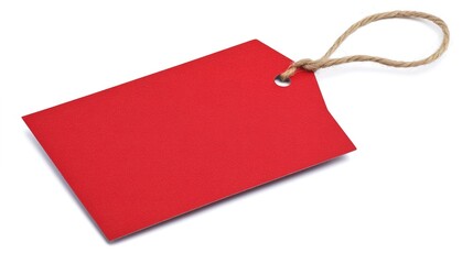 A red blank tag on an isolated white background, featuring a clean and minimal design. The bright red color of the tag stands out against the white backdrop, making it perfect for product labeling