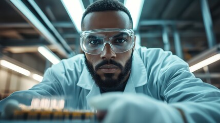 The image presents a scientist with a serious demeanor, adorned in a lab coat and goggles, examining something in a dynamic and well-lit laboratory setting.