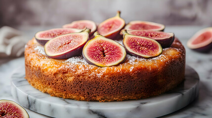 A moist and golden homemade cake topped with fresh, vibrant fig slices. The rich colors and natural sweetness of the figs create a perfect balance for a luxurious dessert experience.