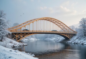 Obraz premium Wooden arch bridge over a river in a snowy winter landscape.