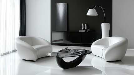 A modern, minimalist living room featuring sleek white chairs, a stylish black coffee table, and a lamp, set against a dark wall background.