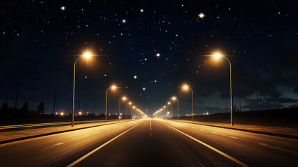 Highway road or city street with street lights at night. Vector realistic illustration of landscape with straight black asphalt road, modern led lanterns and stars in dark sky