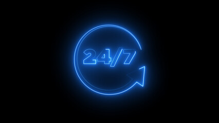 24 hours a day and 7 days a week neon icon Isolated on black Background
