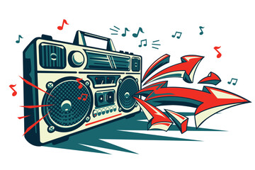 Music design -  playing boom box tape recorder with colorful graffiti arrows and musical notes