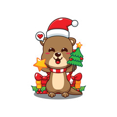Cute otter holding star and christmas tree cartoon vector illustration.