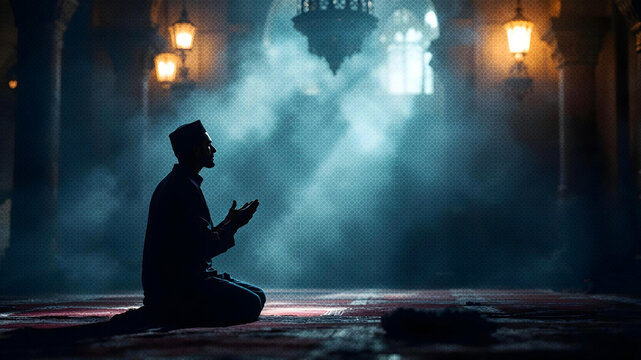Silhouette of muslim man having praying in mosque with lighting and smoke background