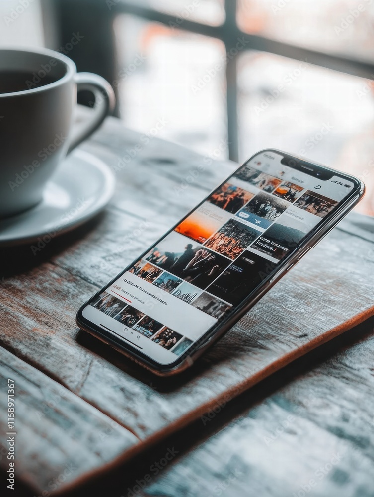 Poster smartphone displays social media feed while coffee sits nearby in a cozy café setting. generative ai