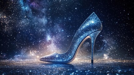 A Glittering High Heel Shoe Underneath a Starry Night Sky