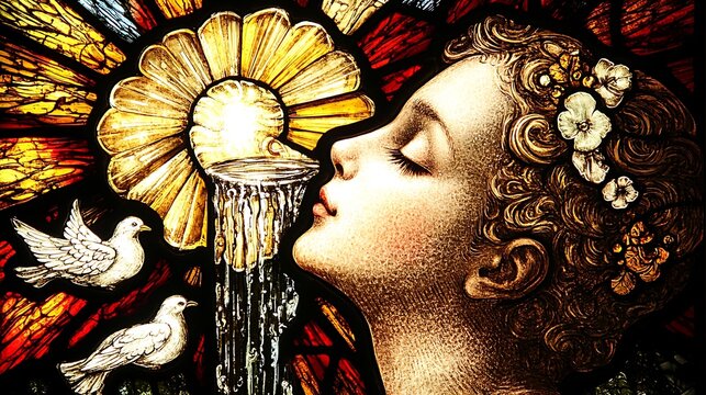 A masterful stained glass composition of baptism, water pouring from a luminous shell onto a baby&rsquo;s head, celestial light radiating outward,