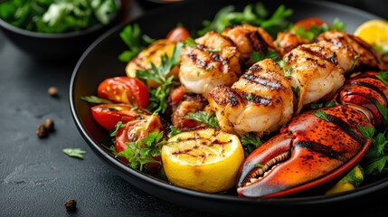 An enticing seafood platter featuring grilled lobster, juicy halves of lemon, and fresh herbs, artistically arranged on a dark plate for a gourmet experience.