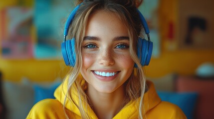 Naklejka premium Happy young woman with blue headphones smiles.