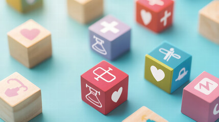 Vibrant arrangement of colorful wooden blocks featuring health symbols, including medical icons and laboratory equipment, creating playful and educational atmosphere