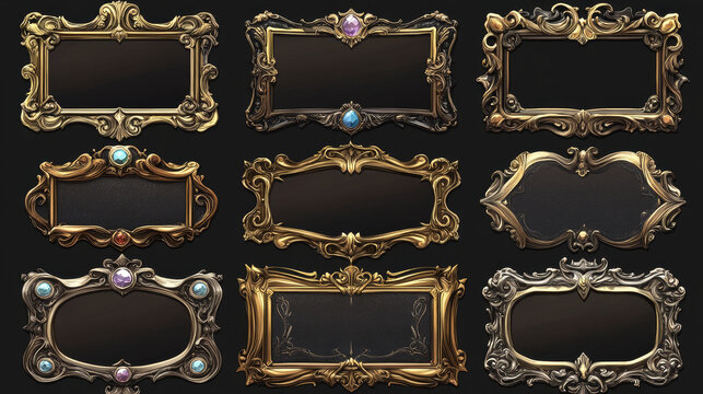 Empty rectangle frames in medieval style for game ui design. Vector cartoon set of user interface elements with golden bronze silver ornate flourish border, decorated with gems, isolated on background