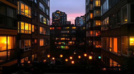 Illuminated apartment buildings at dusk, courtyard with glowing lanterns.