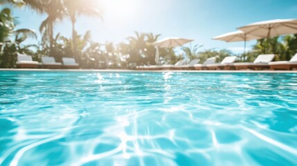 An inviting clear blue swimming pool surrounded by lounge chairs and umbrellas, basking under the bright sun, epitomizing relaxation and a perfect summer day.